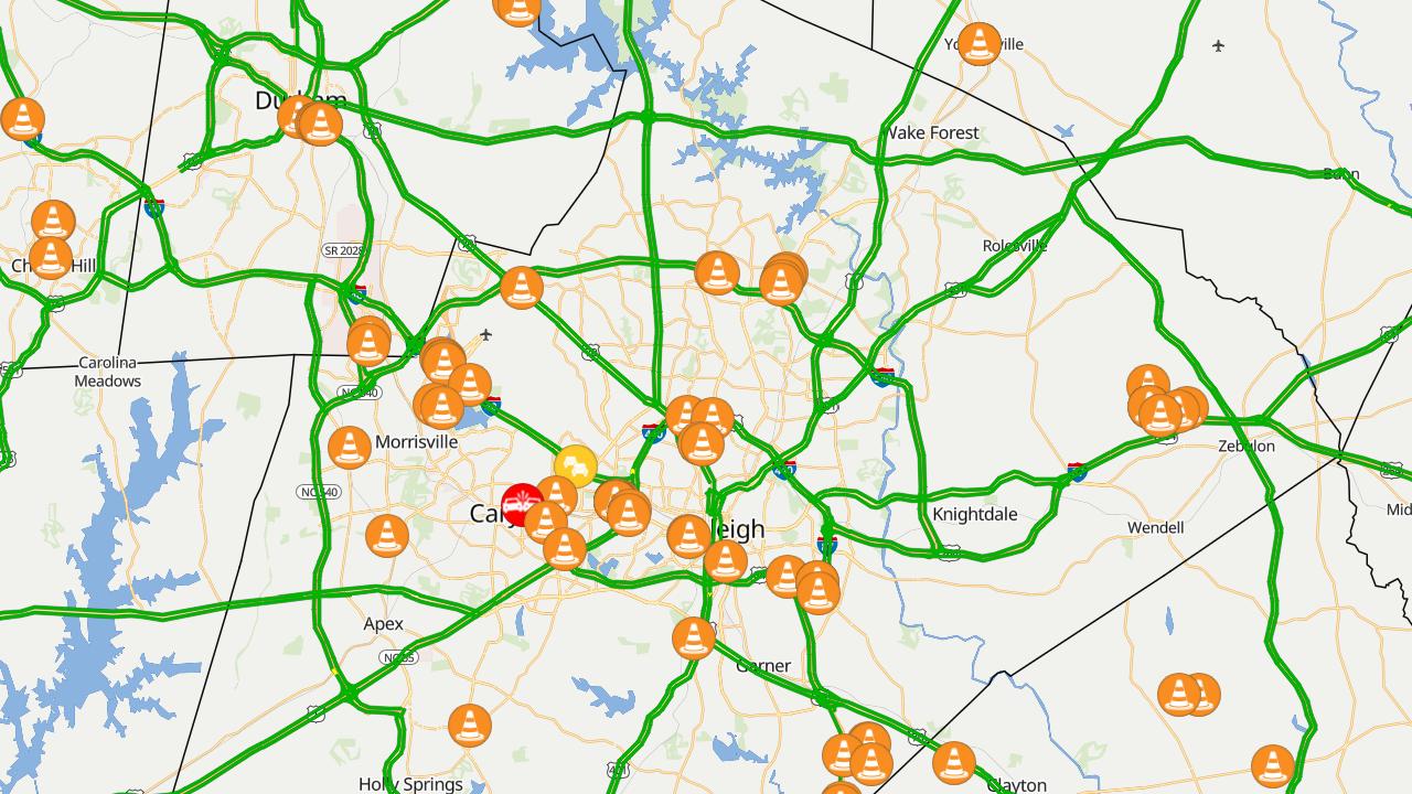 Map of current traffic conditions in Raliegh