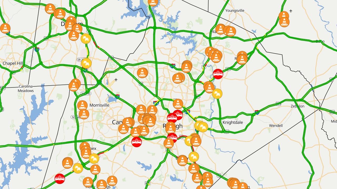 Map of current traffic conditions in Raliegh