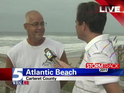 WRAL reporter Bryan Mims interviews Atlantic Beach resident Sam O'Berry, who said he plans to stay and experience Hurricane Irene.