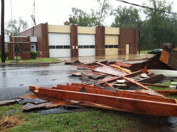 Les Atkins took this photo of damage to the roof of the Weldon Fire Department in Halifax County.