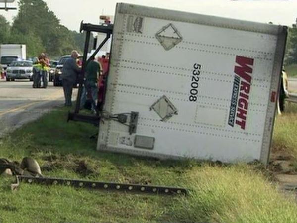 Overturned tractor-trailer on I-95 South in Johnston County