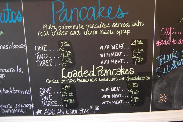 The pancake menu at Big City Bagel and Cafe in Raleigh.