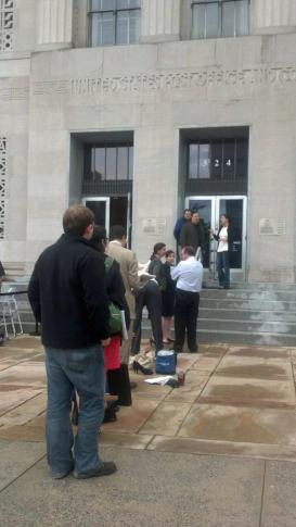 WRAL photojournalist Richard Adkins tweeted this photo, along with the caption: "Hottest ticket in town... lining up for the john edwards trial."