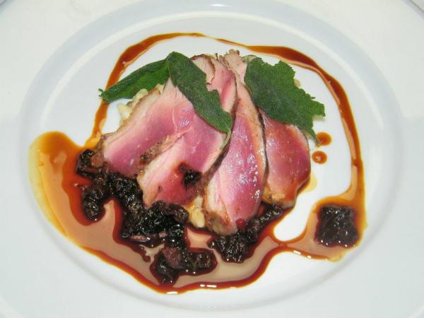 Course 3: Seared Duck with Smoked Bacon & Mushroom Risotto & Tart Cherry Country Ham Jus (Photo by Judy Royal)