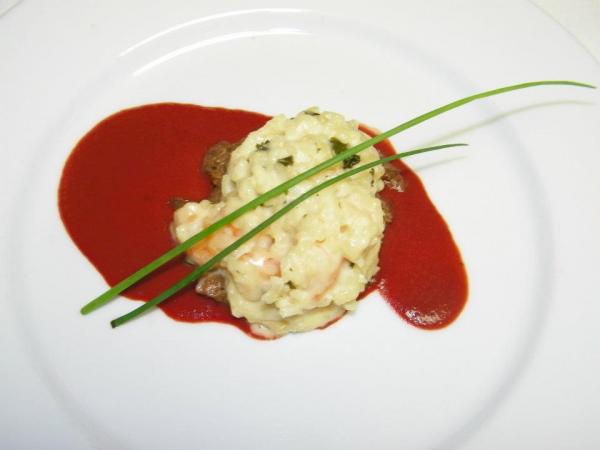 Course 4: Butter Poached Shrimp Risotto with Braised Lamb & Roasted Beet Mint Essence (Photo by Judy Royal)