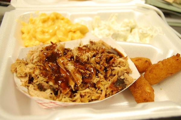 The pulled pork, mac and cheese and potato salad at Smokey's BBQ in Morrisville