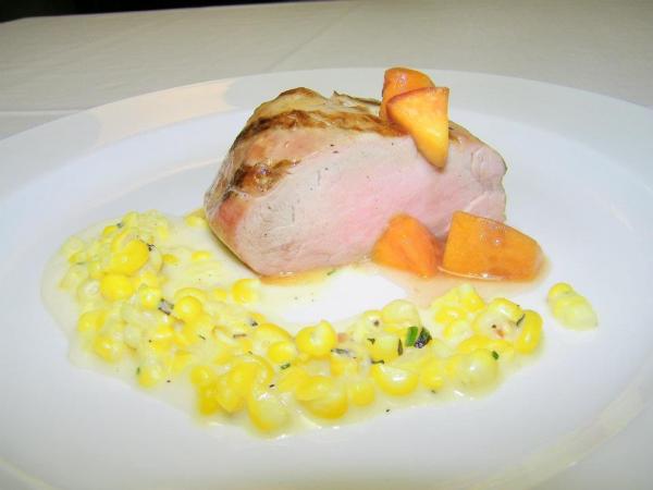 Course 4: Grilled Pork Tenderloin with Creamed Corn, Turnip Butter, Peach Marmalade & White Balsamic Barbeque Sauce. (Photo by Judy Royal.)