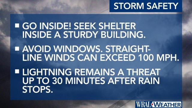 Go inside! Seek shelter inside a sturdy building.
If you can hear thunder, lightning strikes are close enough to post a danger.
Avoid windows. Straight-line winds can exceed 100 mph.
Lightning remains a threat for up to 30 minutes after rain stops.
