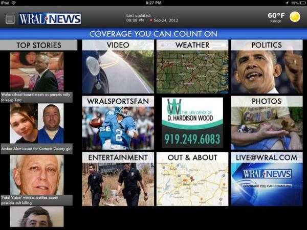 Home screen from WRAL iPad app