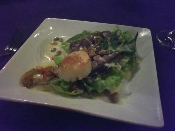 Second course: Bronzed Diver Scallop served with mélange of local lettuces, honey vinaigrette, Raleigh City farm’s Pepper Chow Chow and toasted pumpkin seeds Served with Childress Vineyards Viognier.