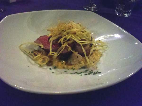 Fourth course: Lightly Hickory Smoked Beef Tenderloin with herb roasted Raleigh City Farm’s turnips, lobster mushrooms and sherry-bacon creamed corn. Served with Damilano Barbara D' Asti.
