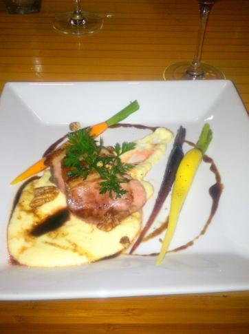 Sixth Course: Honey Lacquered Maple Farms Duck Breast. A Maple Farms Duck Breast is seared and glazed with honey and a Balsamic vinegar reduction. Served with sauteed tri-color carrots and parsnip puree paired with Vavasour Pinot Noir, Marlborough, New Zealand