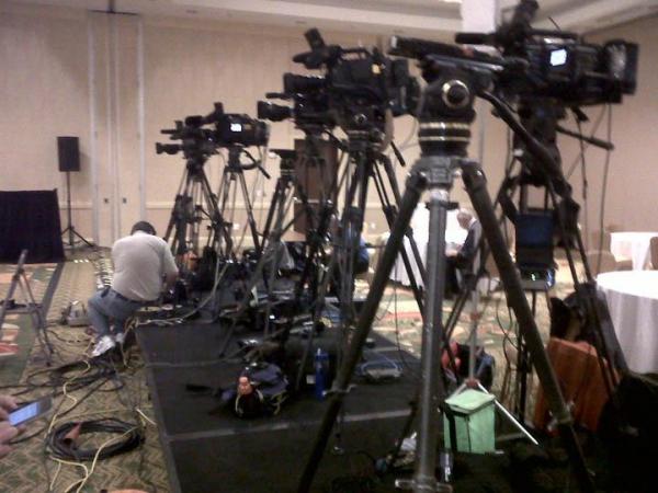 A bank of news cameras are set up at Democratic Party headquarters in Raleigh.