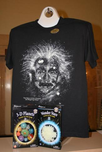Imagine wearing a glow-in-the-dark Einstein t-shirt or decorating a ceiling with glow-in-the-dark stars and planets.