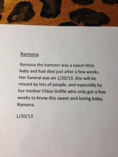 Amanda Lamb's daughter penned an obituary for her hamster.