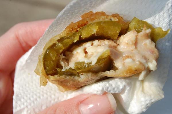 Valentino's Food Truck sells these Pale Ale Poppers - pulled pork and cheese stuffed jalapeno peppers that are dipped in beer batter and fried. They were made on Sunday with Fullsteam's brews. 