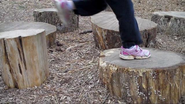 Hopping across the stumps at Blue Jay Point County Park's nature play area