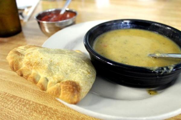 Spinach and cheese empanada with broccoli soup of the day at Sarah's Empanadas.