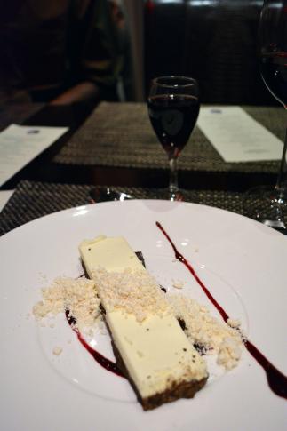 The night ended with a white chocolate pave with dark chocolate feullitine topped with a caramel powder and blueberry sauce. It was paired with NV Childress' Starmount Blueberry dessert wine. 