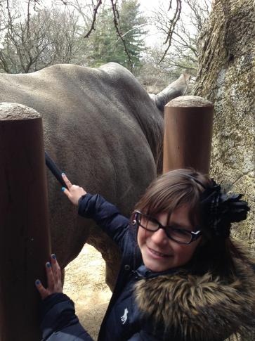 Amanda Lamb's daughter brushes a rhino