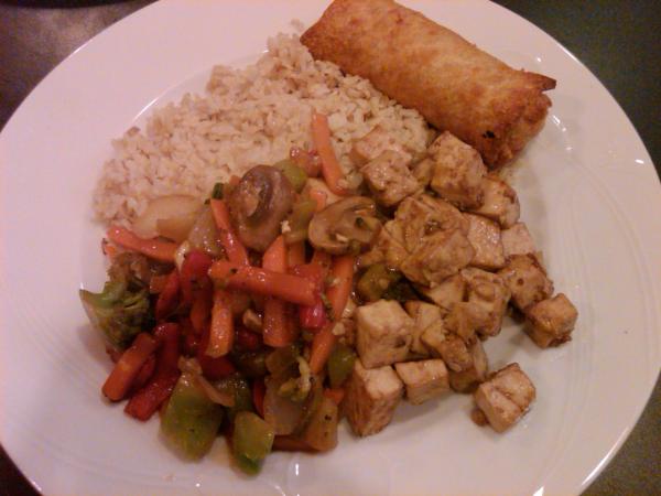 Teriyaki tofu, veggies, egg roll