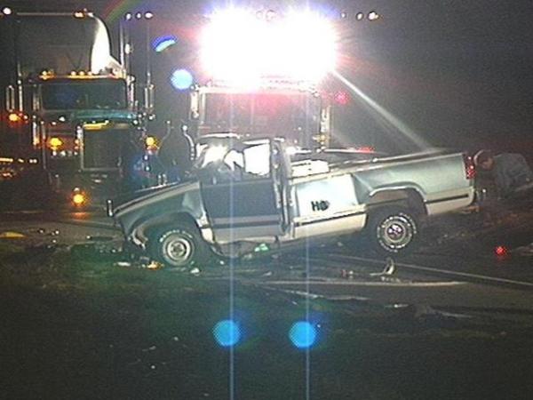 Investigators say this pickup truck lost control and crossed the median on U.S. 1 (WRAL-TV5 News)
