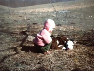 Lynda Loveland, age 2, visits with a calf.