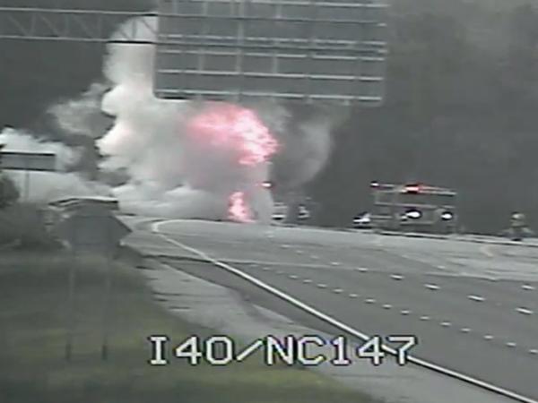 Flames engulf tractor-trailer cab on I-40 West