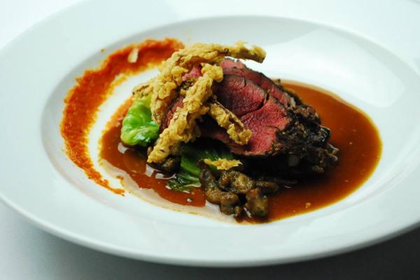 Course 4: Roasted Venison Tenderloin, Cremini Mushroom, Brussels Sprout Leaves, Buttermilk Black Garlic Spaetzle, Milk Mustard Gravy (Midtown Grille) (Image from Competition Dining)