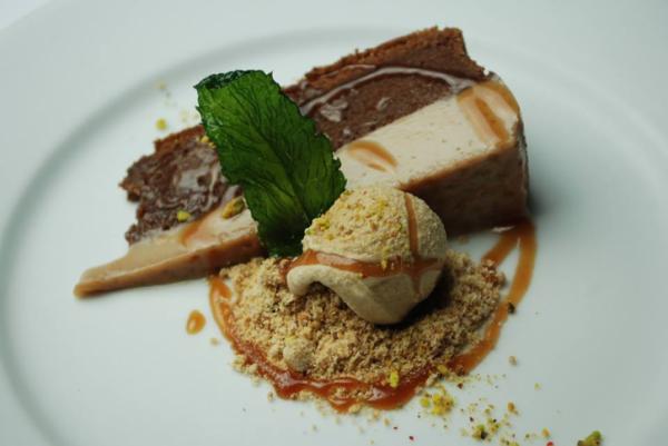 Course 5: Chocolate Milk Flan, Chocolate Torte, Smoked Coffee Ice Cream, Pink Peppercorn & Pistachio Salt (La Residence) (Image from Competition Dining)