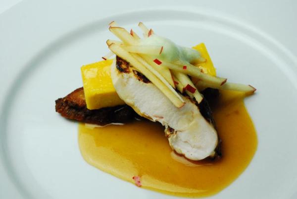 Course 3: Red Farm Chicken Breast & Heritage Farms Pork Belly, Sweet Potato Custard, Apple Match Sticks, Jalapeno Air (Oxford) (Image from Competition Dining)
