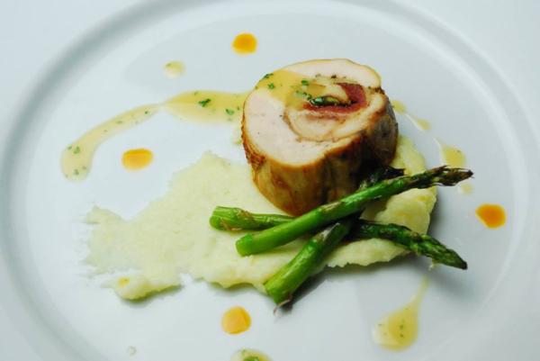 Course 4: Chicken Galantine, Tasso, Pomme Puree, Asparagus Tips, Roasted Chicken Jus (Bia) (Image from Competition Dining)