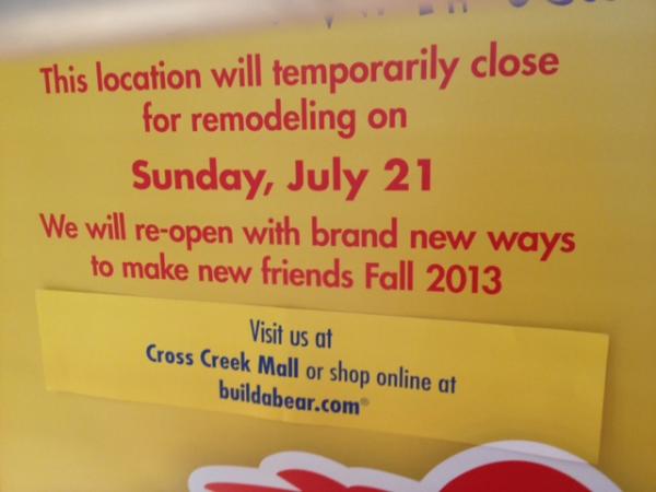 The sign at Build-A-Bear Workshop at Crabtree Valley Mall