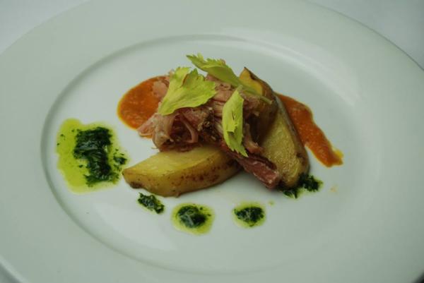 Course 4 - Confit Heritage Farms Pork Belly, Butter Potatoes, TOPO Vodka Tomato Puree, Chimichurri - Market (Image from Competition Dining)