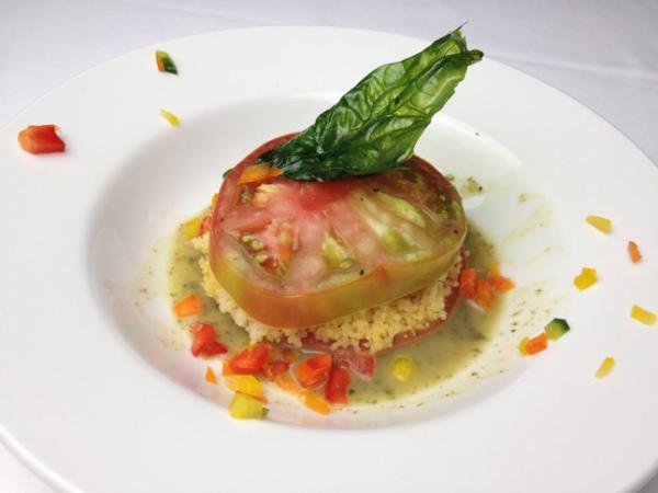 Course 1 - Napoleon Heirloom Tomatoes, Couscous & Lobster, TOPO Vodka Basil Beurre Blanc - New Southern Kitchen (Image from Competition Dining)