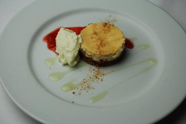 Course 6 - Roasted Tomato Cheesecake, Chocolate Graham Crust, Basil-Gin Syrup, Tomato Jam, Olive Oil Whipped Cream - Market (Image from Competition Dining)