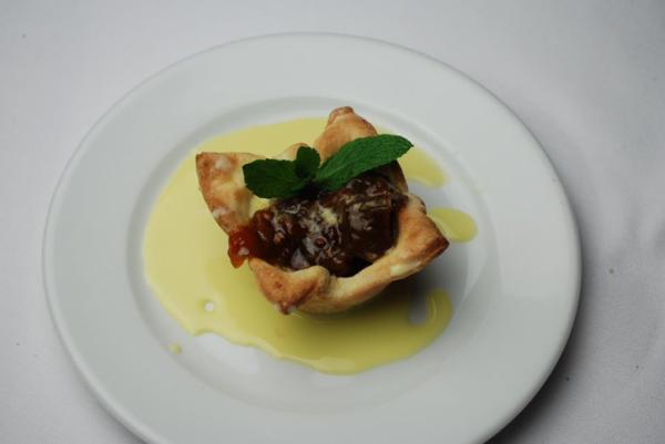 Course 5 - Chocolate Pie with Heirloom Tomato Compote, Saffron Crème Anglaise - New Southern Kitchen (Image from Competition Dining)