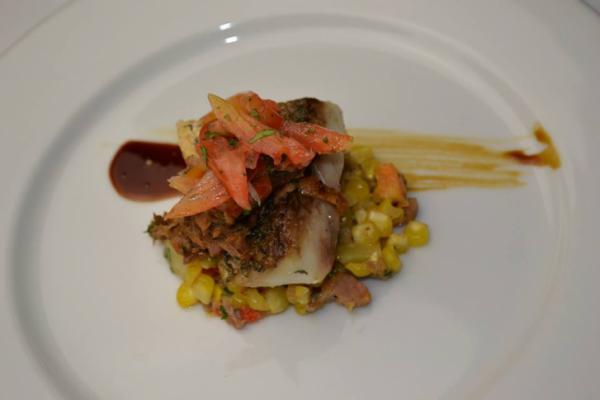 Course 1: Pan Roasted Black Drum, Roasted Corn, Pepsi Braised Cheshire Pork Skirt Hash, Heirloom Tomato & Soy-Pepsi Syrup (Image from Competition Dining)