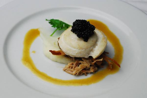Course 2: Coconut Mozzarella Mashed Potato with NC Flounder, Pulled Cheshire Pork with Jalapeno & Ginger, Braising Liquid Reduction (Image from Competition Dining)