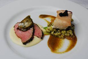 Course 4: Butter Poached Mahi Mahi, Heirloom Tomato Coulis, Pistachio-Mozzarella-Couscous Salad, Herb Rubbed Roasted Veal, Roasted Garlic & Mascarpone Mornay, Baerii Caviar-Veal-Mozzarella Sausage (Image from Competition Dining)