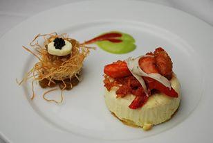 Course 1: Chapel Hill Creamery Mozzarella Flan, Buffalo Fried Lobster, Khatafi Nest with Celery Confiture, Fresh Mozzarella & Baerii Caviar (Image from Competition Dining)