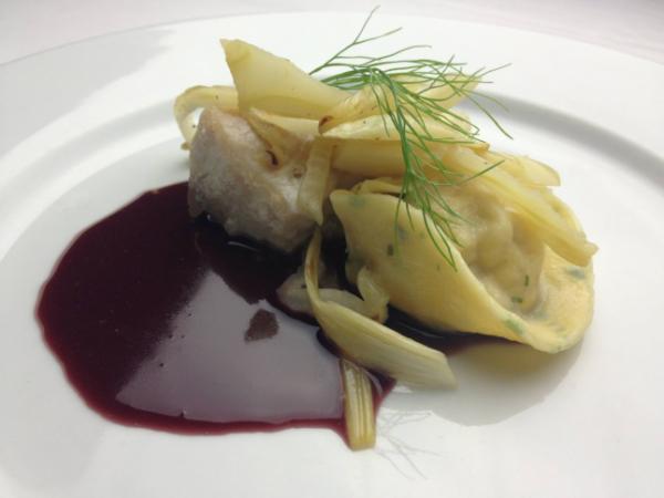 Course 3: Original Sin Mustard Poached Grey Tile Fish, Tile Fish and Smoked Bacon Tortellacci, Grilled Fennel, Vanilla-Cabernet Butter (The Oxford) (Image from Competition Dining)