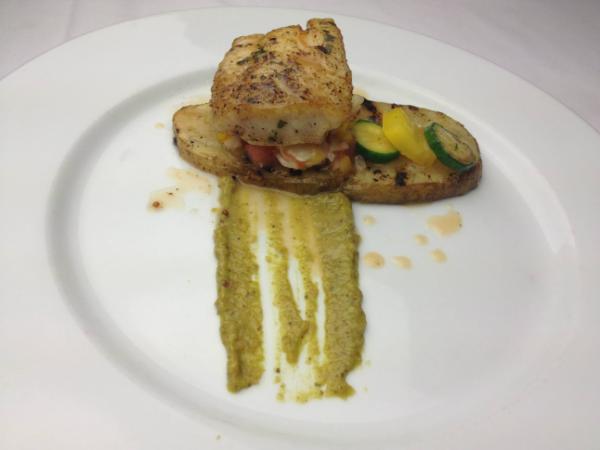 Course 4: Roasted NC Grey Tile Fish, Charred Potato, Heirloom Tomato-Burn In Hell-Shrimp Vinaigrette, Baby Zucchini, Lusty Monk-Poblano Romesco (Midtown Grille) (Image from Competition Dining)