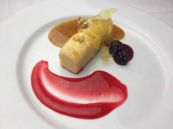 Course 5: White Chocolate Brioche, Altar Boy Honey Mustard Caramel, Blackberries, Tile Fish Suspended In Glass (The Oxford) (Image from Competition Dining)
