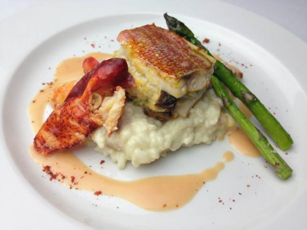 Course 2: Crab & Cremini Stuffed B-Liner Snapper, Andouille & Sprite Melon Risotto, Texas Pete® Butter Poached Lobster, Oven Roasted Asparagus, Texas Pete® Powder - Chef Steve Zanini - Jimmy V's (Image from Competition Dining)
