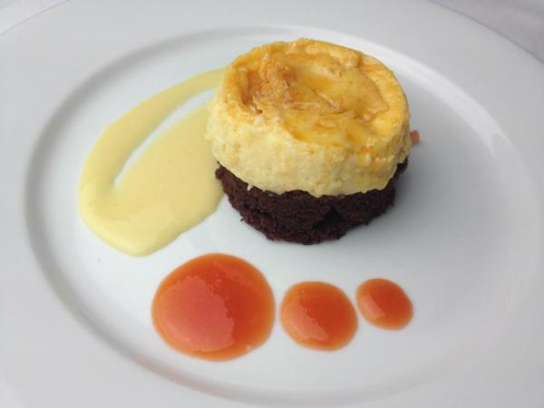 Course 5: Watermelon Texas Pete® Flan, Chocolate Brownie, Rompope Sauce, Melon Salad, Watermelon Gastrique - Chef Steve Zanini - Jimmy V's (Image from Competition Dining)