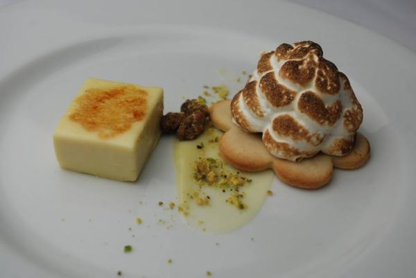 Course 6: El Toro Cream Ale Crème Brulee, Pistachio Crusted Pistachio, White Chocolate Stuffed Strawberry Marshmallow, Shortbread Cookie (Image from Competition Dining)
