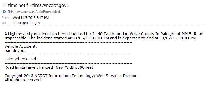A DOT traffic alert was hacked on Nov. 6, 2013, and warned of "bad drivers" on Lake Wheeler Road.