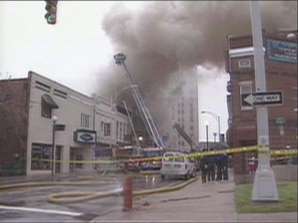 Firefighters were at the scene of a fire in downtown Durham Sunday morning. The fire destroyed two businesses and damaged several others.(WRAL-TV5 News)