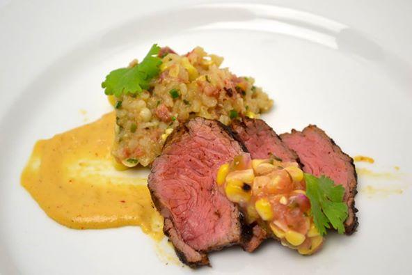 Course 4: Grilled Adobo Certified Angus Beef® Brand Teres Major, Dirty Risotto with Andouille & Roasted John Hudson Farms Corn; Cilantro, Tomato & Corn Relish, Chipotle Corn Purée (Flights)